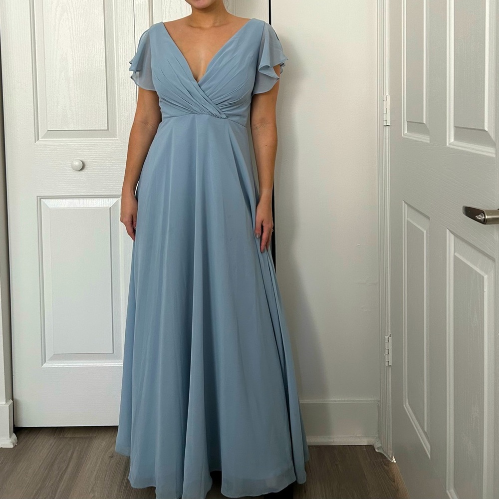 David’s Bridal bridesmaid dress with flutter sleeve full skirt DUSTY BLUE